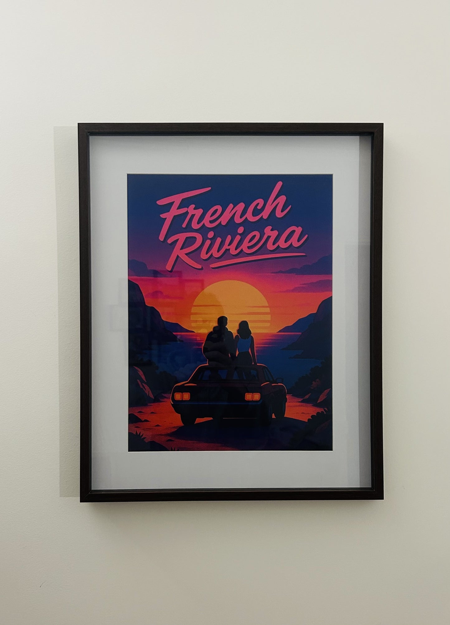 Affiche "Sunset Riviera" - Illustration Vintage Couple en Méditerranée - Décoration Sud de la France