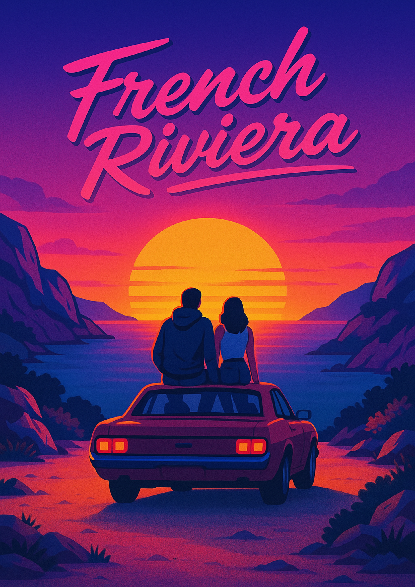 Affiche "Sunset Riviera" - Illustration Vintage Couple en Méditerranée - Décoration Sud de la France