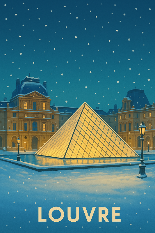 Affiche "Le Louvre en Hiver" - Illustration Vintage Paris sous la Neige - Décoration Murale Musée du Louvre