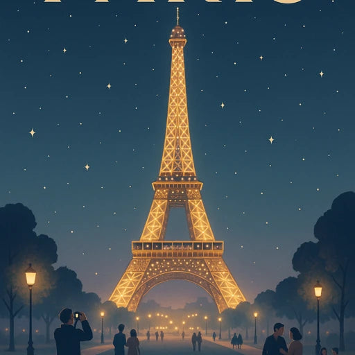 Affiche "Tour Eiffel de Nuit" - Illustration Vintage Paris Illuminé - Décoration Murale Ville Lumière