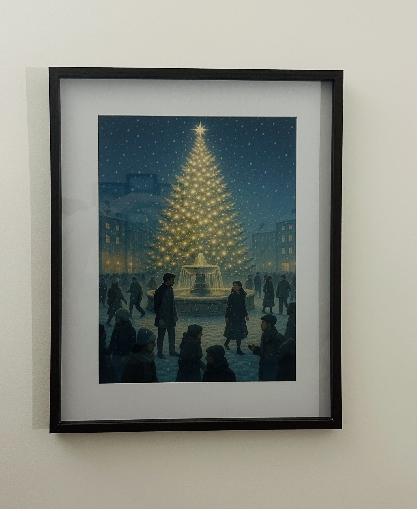 Affiche "Retrouvailles" – Illustration Vintage Sapin de Noël et Place de la Fontaine
