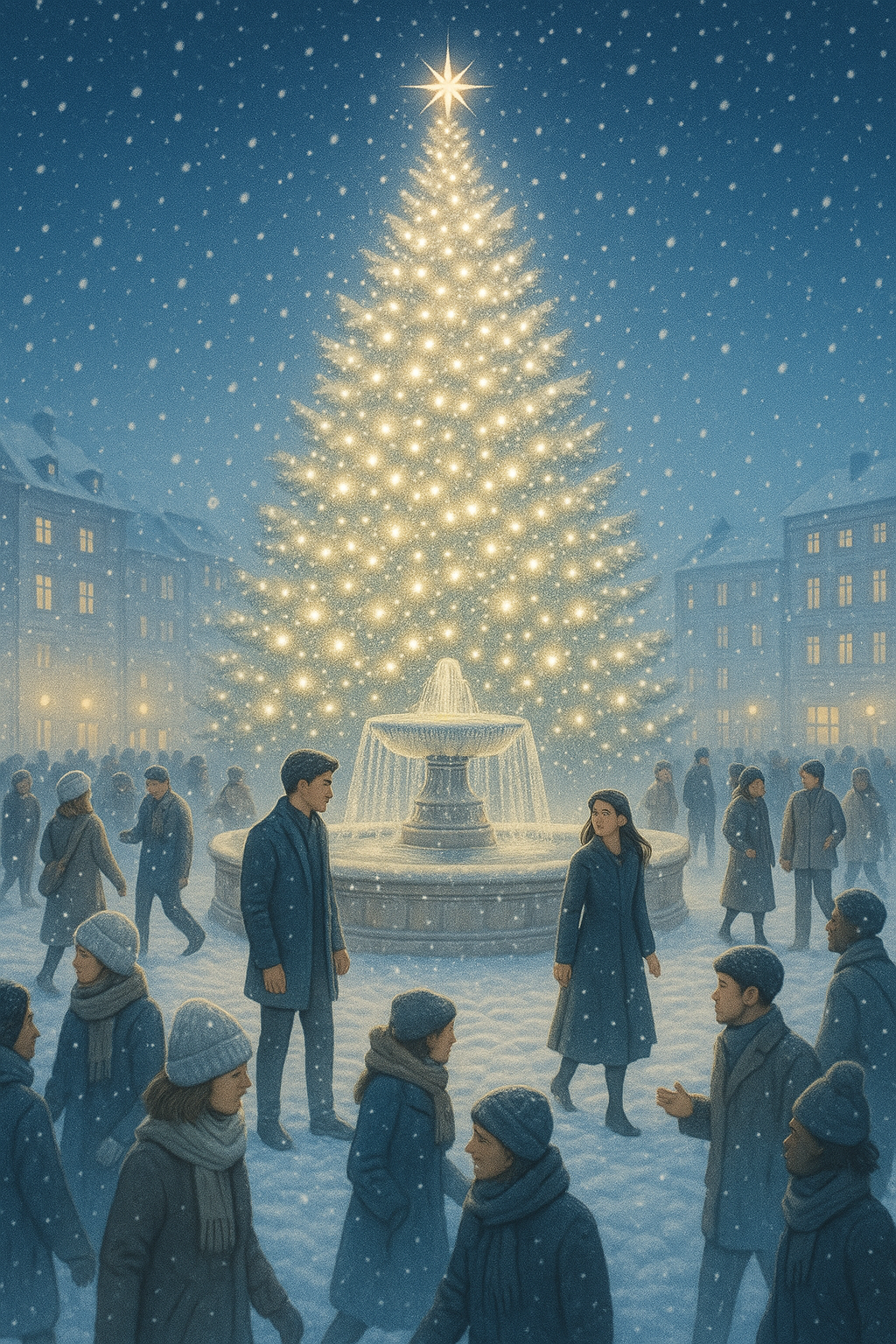 Affiche "Retrouvailles" – Illustration Vintage Sapin de Noël et Place de la Fontaine